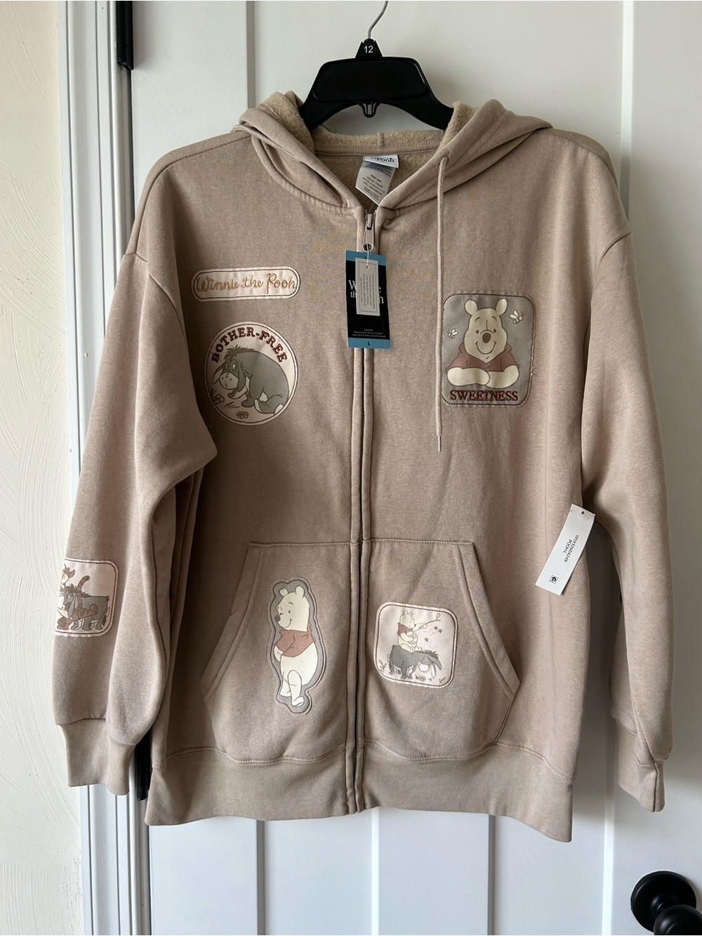 NWT- Disney Beige Winnie the Pooh Patch Zip Hoodie